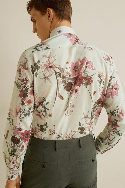 Men's floral button-up shirt, back view, off-white with pink and green blooms