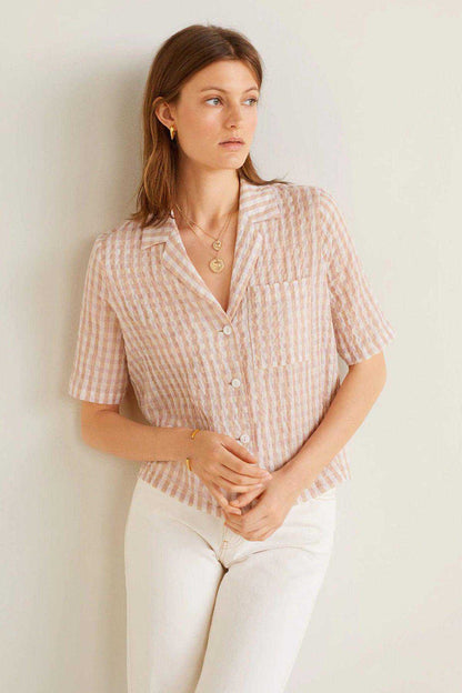 MANGO pink striped short-sleeve button-up shirt with point collar