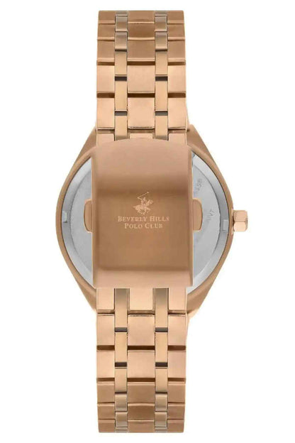 Rose gold wristwatch with engraved case back and metal link bracelet