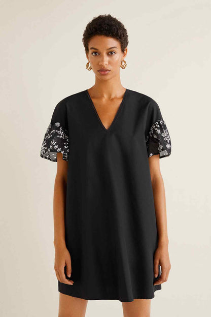 MANGO black V-neck tunic dress with short sleeves and embroidered patterned cuffs