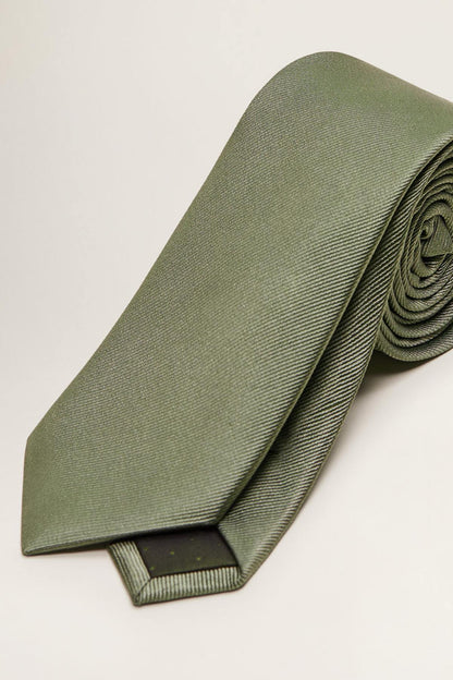 Khaki textured necktie with woven pattern, rolled end close-up