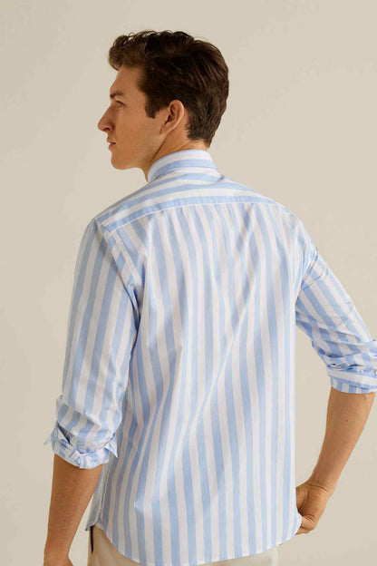 Sky blue striped button-up shirt with long sleeves, shown from the back