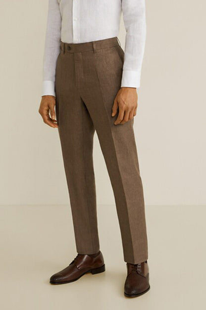 Men's brown tailored trousers, straight leg with belt loops and button fly