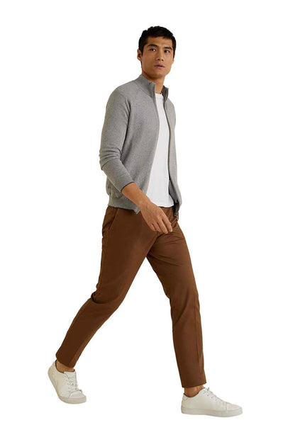 Men's heather gray zip-up jacket full body view, long sleeves and stand collar