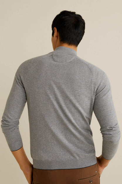 Men's heather gray zip-up jacket back view, long sleeves and stand collar