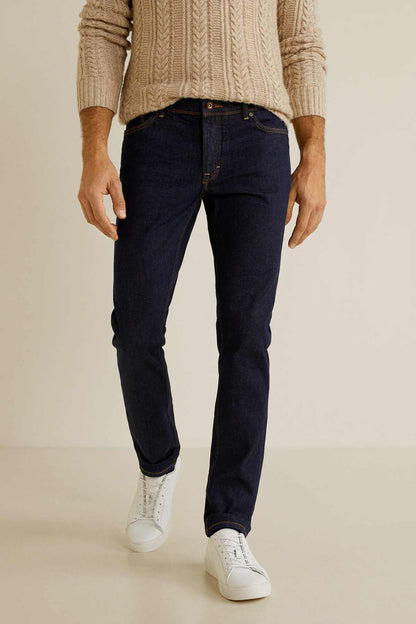Dark blue slim-fit denim jeans, five-pocket with contrast topstitching
