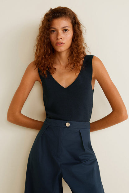 MANGO navy sleeveless V-neck jumpsuit with buttoned waist