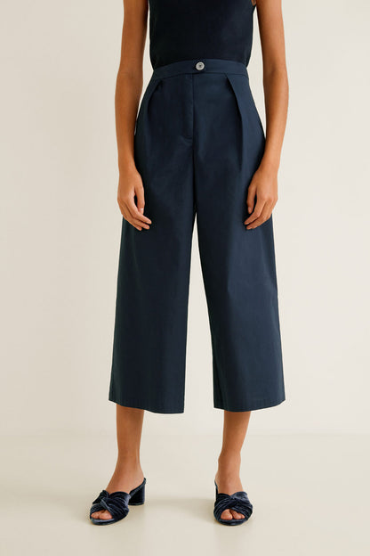 MANGO navy high-waist wide-leg cropped trousers with button waist