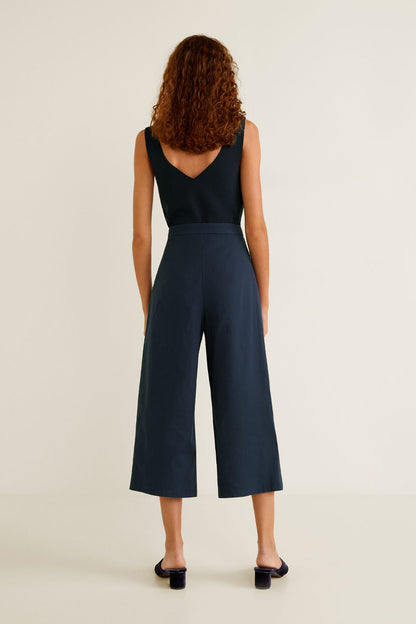 MANGO navy wide-leg cropped trousers with back yoke and center vent