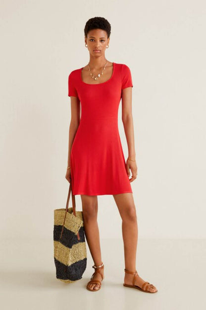 Red short-sleeve mini fit-and-flare dress with scoop neckline