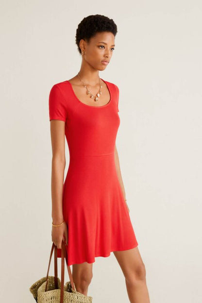 Red short-sleeve fit-and-flare dress with scoop neckline