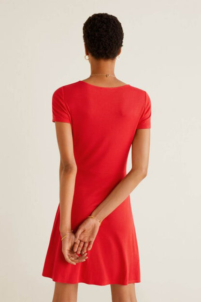Red short-sleeve fit-and-flare dress from back view, scoop back