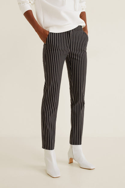 Black pinstripe trousers with slim fit, ankle-length hem, side pockets