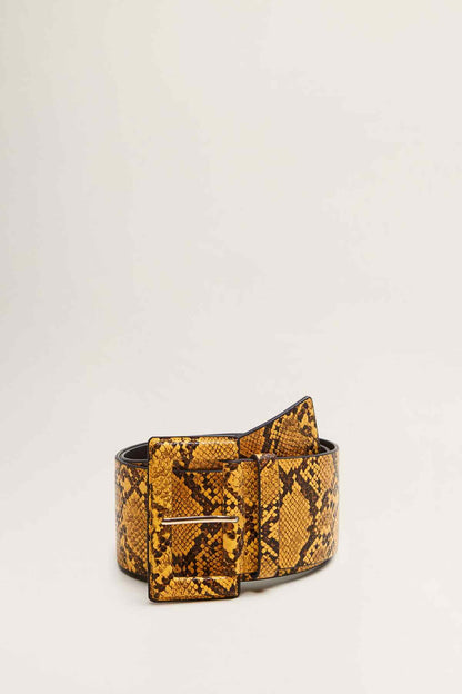 MANGO mustard snake-print belt with rectangular buckle and black underside
