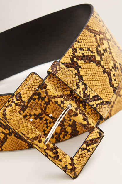 MANGO mustard snake-print belt close-up with metal buckle and black strap lining