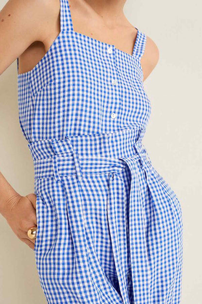 Blue gingham sleeveless jumpsuit, gathered waist with button placket and bow tie