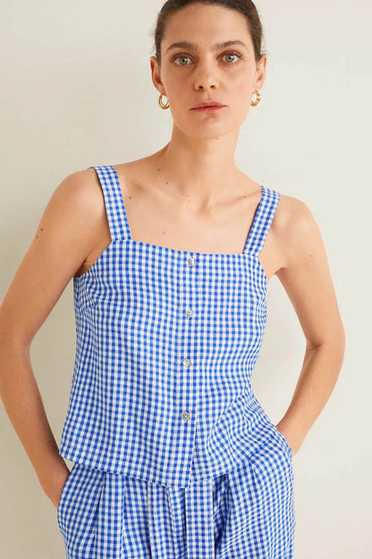 MANGO blue gingham square-neck sleeveless jumpsuit with button front and wide legs
