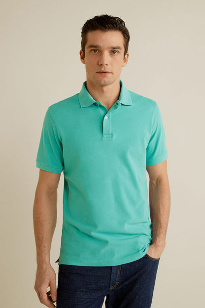 Turquoise men's polo shirt with short sleeves and button placket, front view