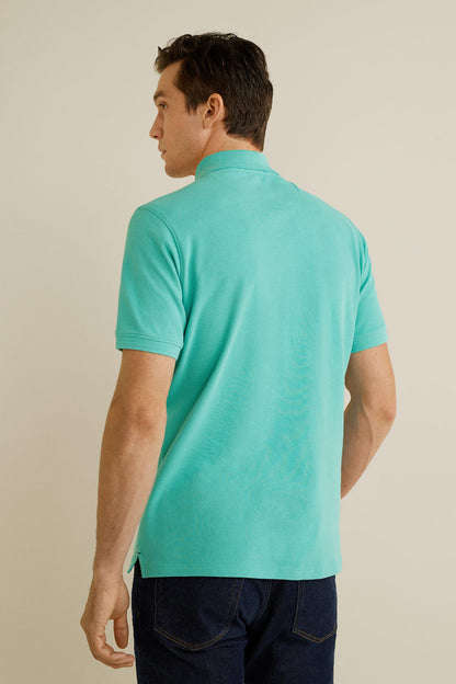 Turquoise men's polo shirt, back view with short sleeves and collar