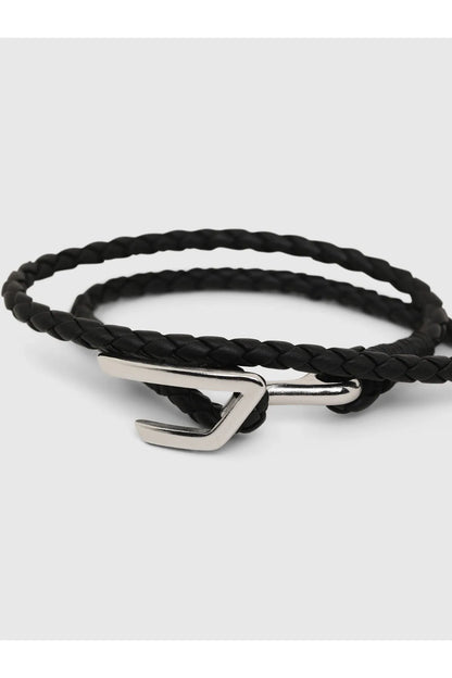 Black braided leather belt with silver-tone buckle, woven strap detail