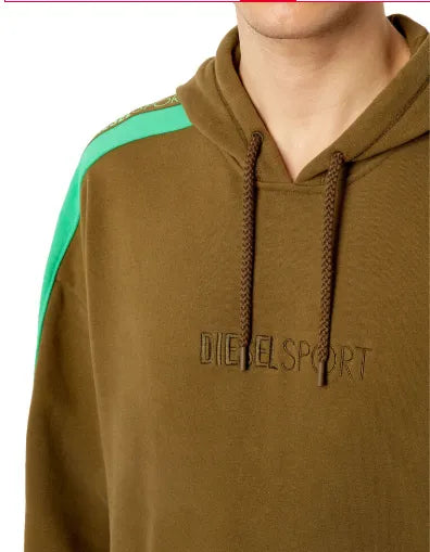 Olive-brown hoodie with drawstring hood and Diesel Sport logo on chest