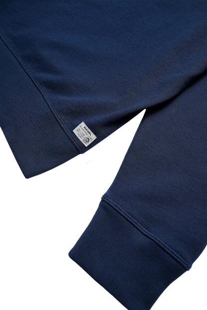 Navy hoodie with interior neck tag and ribbed sleeve hem