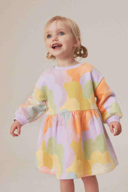 Children's multicolor cloud-print long-sleeve dress with gathered waist