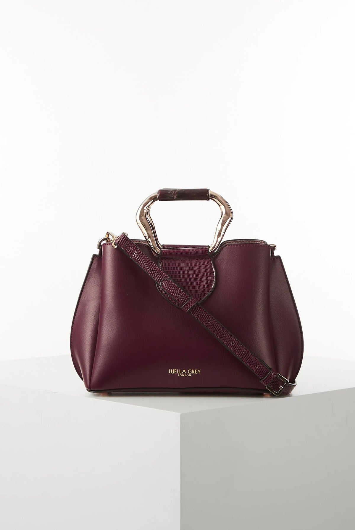 Luella Grey berry handbag with top handle and crossbody strap