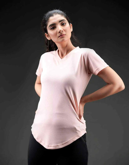 Women's pink short-sleeve crew-neck performance top, curved hem