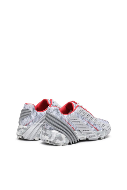 Diesel grey sneakers heel and side view with red collar and chunky tread sole