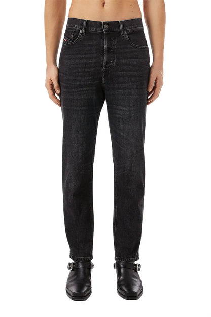 Black straight-leg jeans with belt loops and button closure