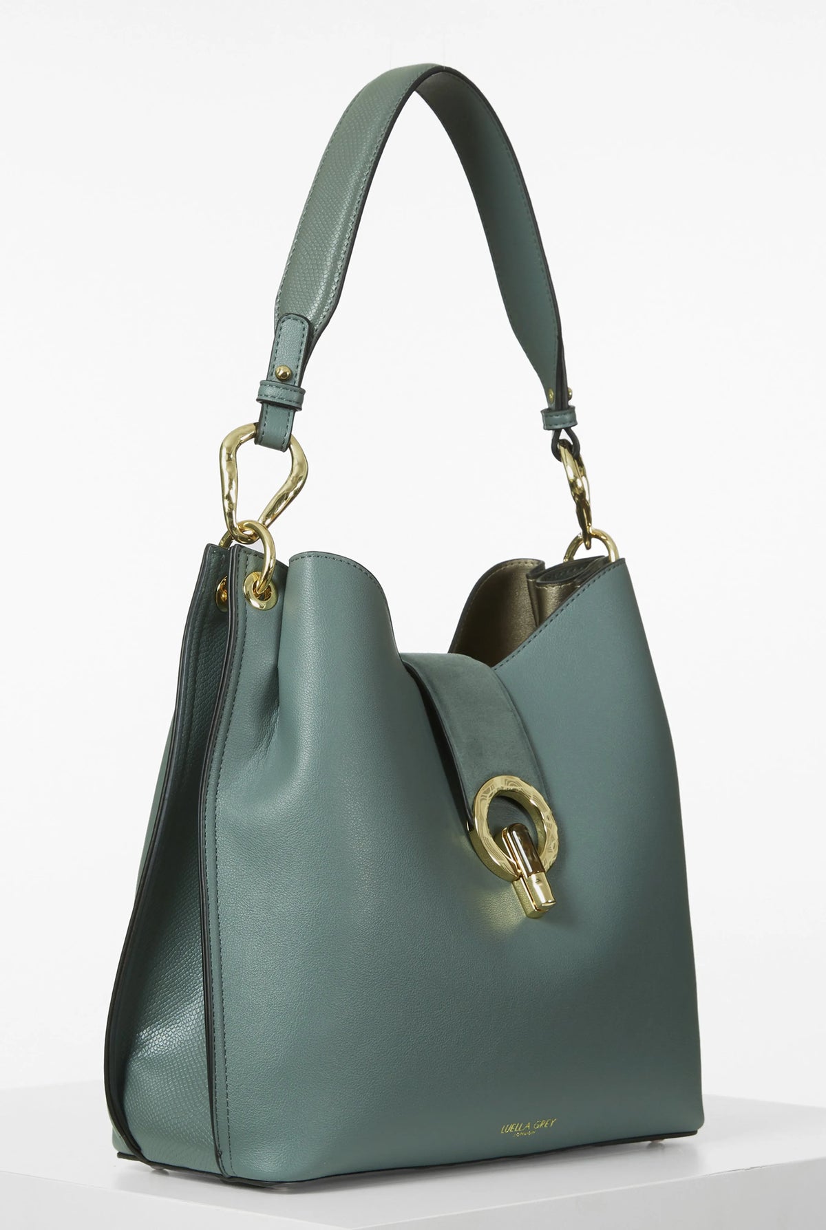 Green hobo shoulder bag with gold chain handles and front ring clasp