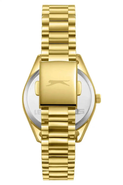 SLAZENGER gold wristwatch front view with gold dial and linked metal bracelet