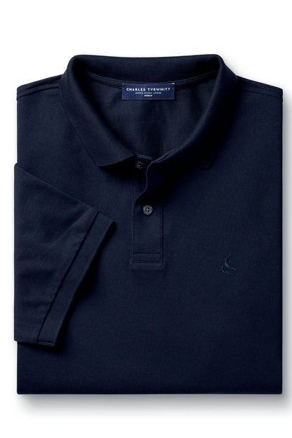 Charles Tyrwhitt navy polo shirt with knit collar, placket, and chest logo