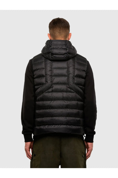 Black quilted hooded puffer jacket, back view with horizontal baffles