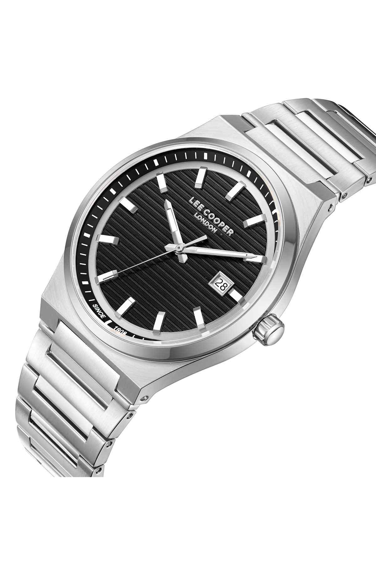 Silver metal wristwatch with black dial, three hands, and date at 3 o'clock