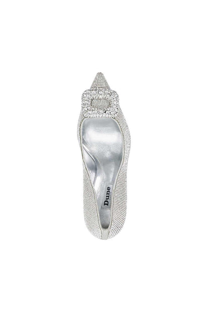 Silver rhinestone pointed-toe pump with bow detail and stiletto heel