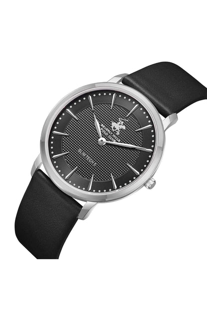 BHPC wristwatch with black leather strap and silver-tone case, textured dark dial