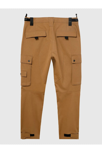 Brown cargo pants with multiple flap pockets and belt loops