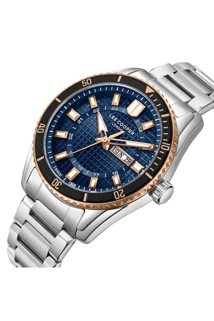 Silver metal bracelet wristwatch with blue dial, gold-tone markers, copper bezel