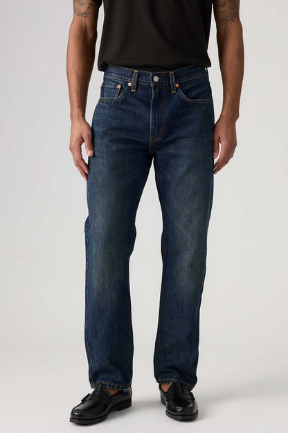Dark wash jeans front close-up: straight leg, belt loops, button closure