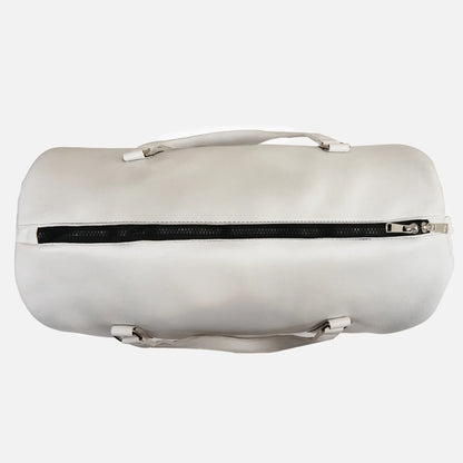 White duffel bag with top zip opening and webbed handles
