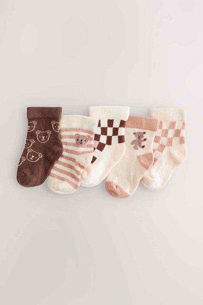 Baby sock set in brown and cream with bear and cat faces, plus check patterns