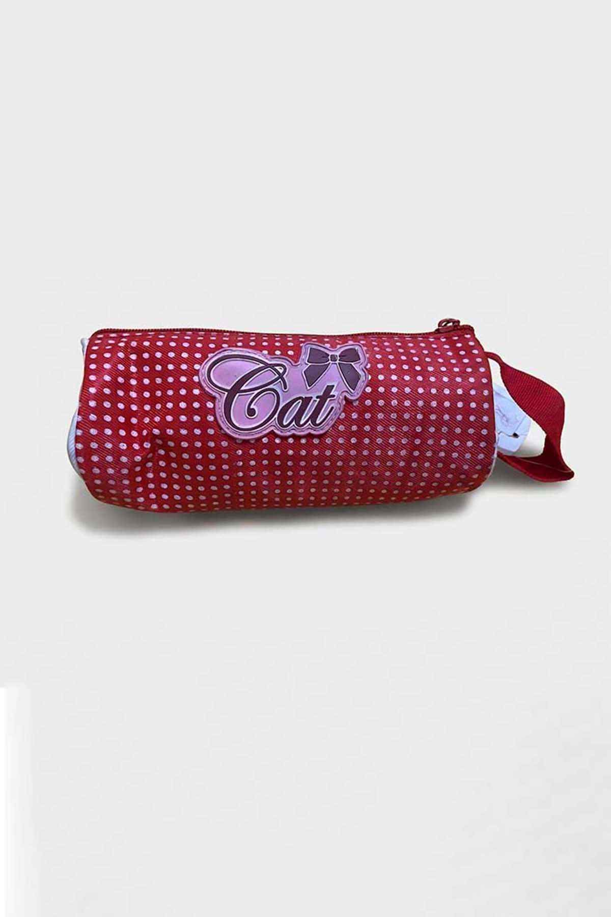 Red polka-dot rectangular pencil pouch with zipper, Cat logo, and side strap
