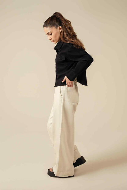 Miles black cropped button-front jacket, flap pockets, side profile