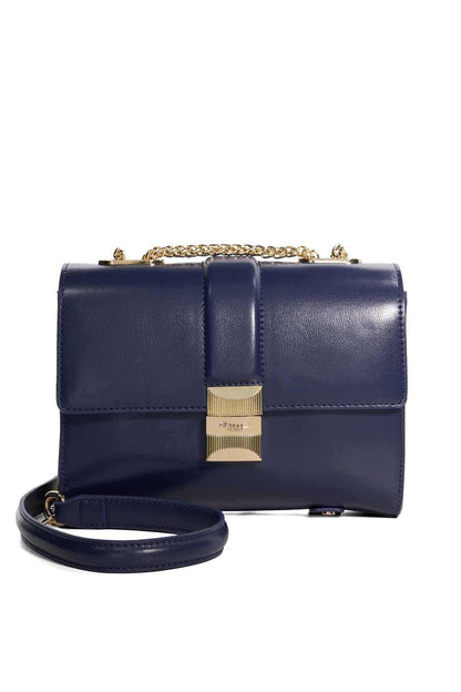 Dune London navy flap crossbody bag with gold chain strap and lock clasp