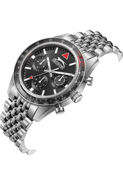 Slazenger silver-tone chronograph wristwatch, dark face with red accent details
