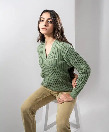 Green V-neck rib-knit sweater with long sleeves and tailored fitted look