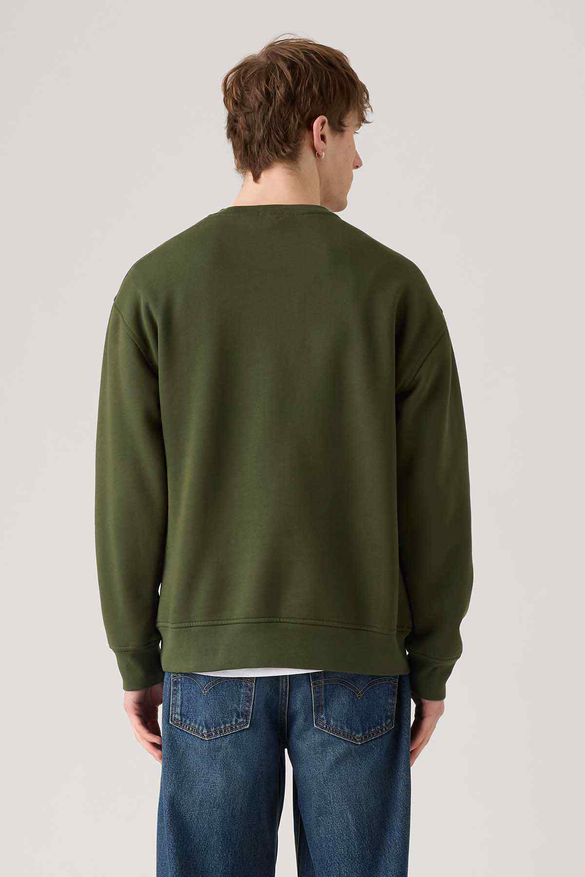 Levi's olive green crewneck sweatshirt, back view, long sleeves and ribbed hem