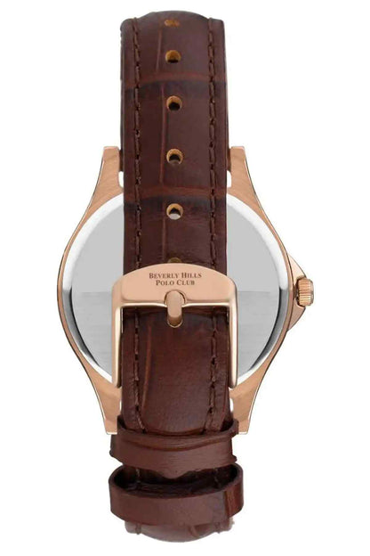 Brown leather strap wristwatch with branded round case back and stitched strap